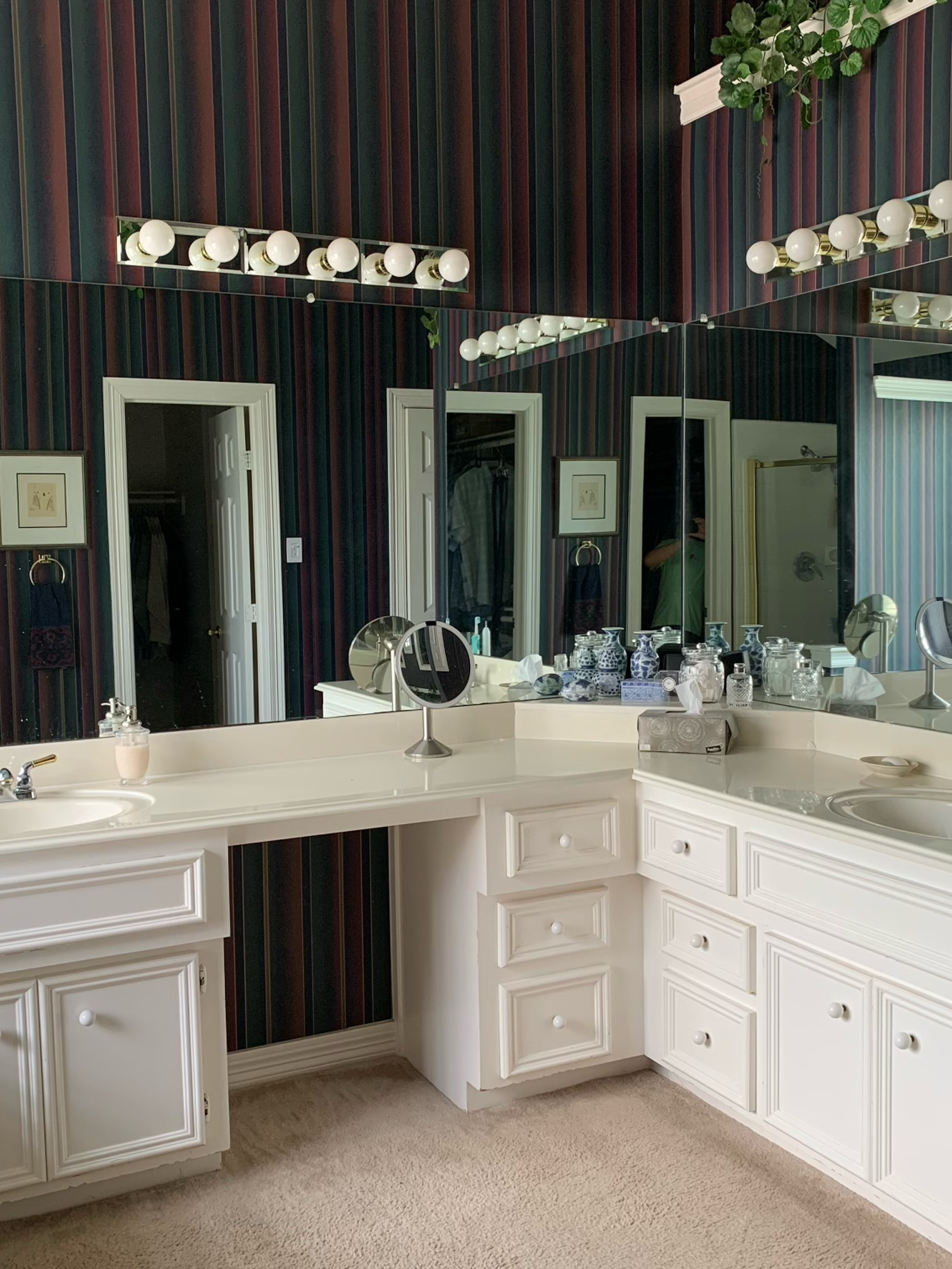 before shot of an outdated bathroom being remodeled with WFA's Custom Hardwood Floors, houston texas